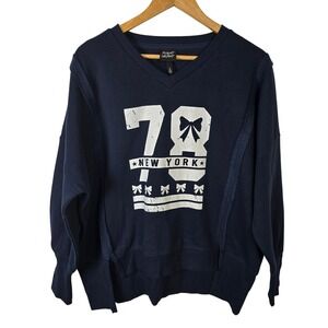 Planet Heart Womens V Neck‎ Sweatshirt Navy Blue 78 New York Relaxed Size S